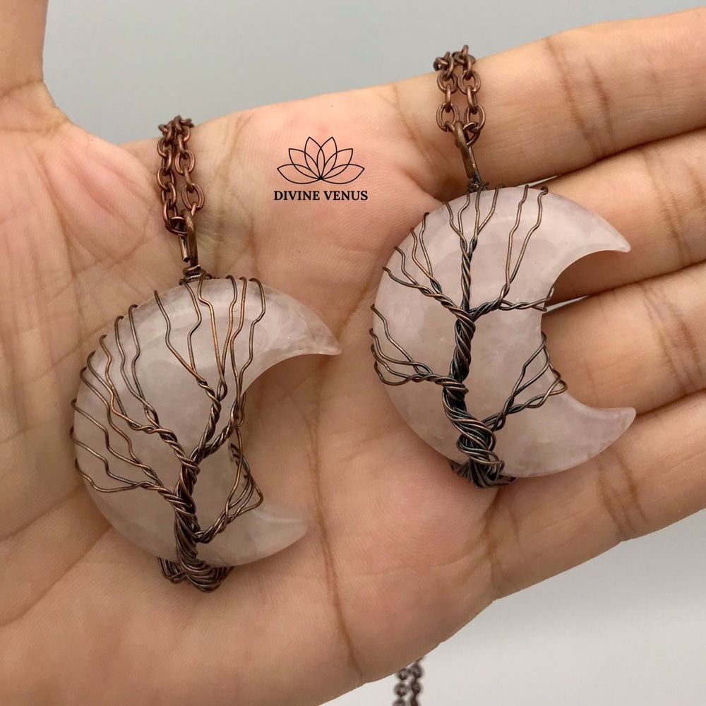 Rose Quartz - Wire Wrapped Moon Shaped Red Copper - Picture 3 of 8